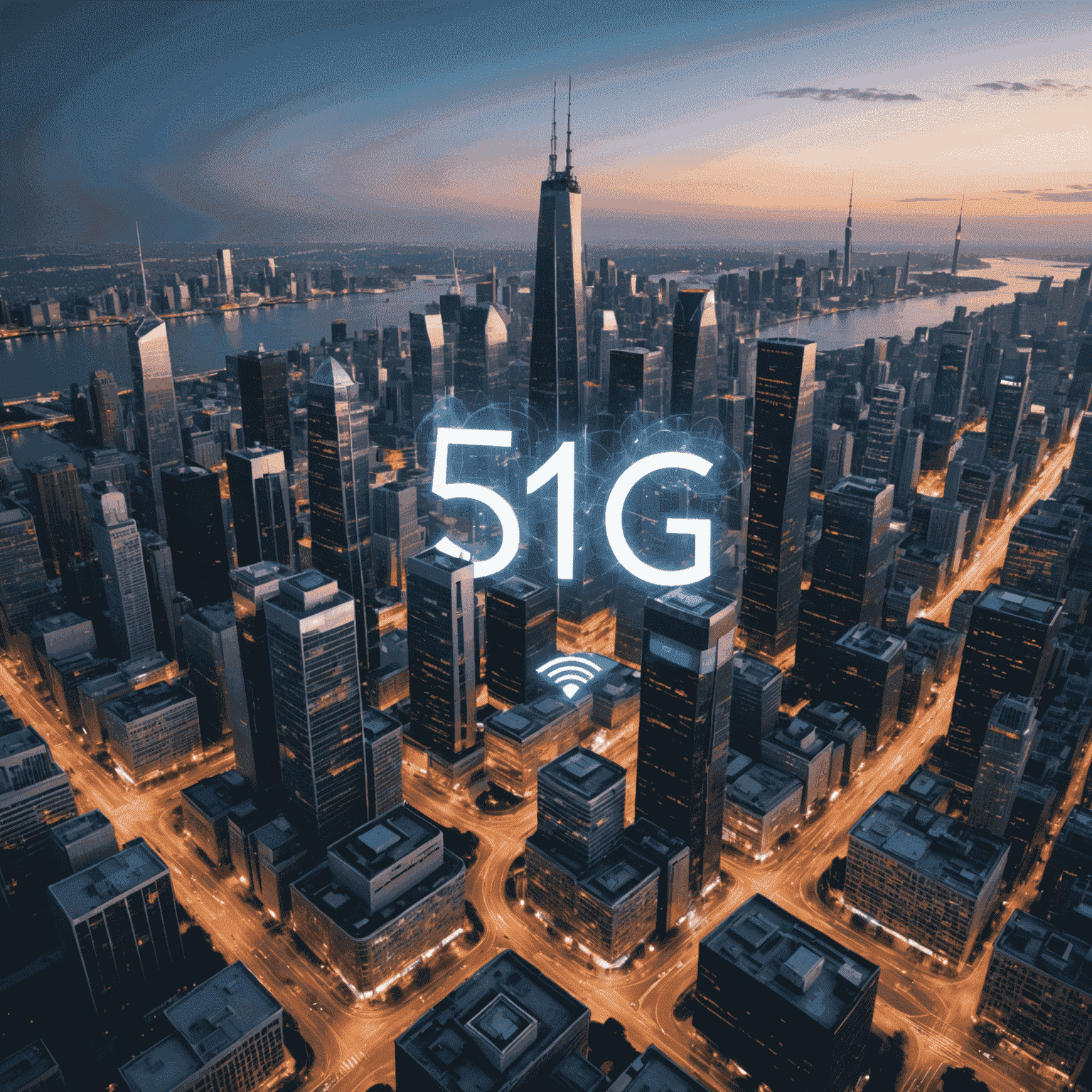 أبراج شبكة الجيل الخامس 5G تنتشر في المدينة، مع هواتف ذكية في المقدمة تعرض سرعات اتصال عالية